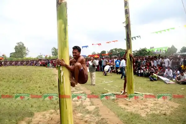 Boy climbing bamboo pole during traditional festival in Bangladesh. Channel i News - চ্যানেল আই নিউজ