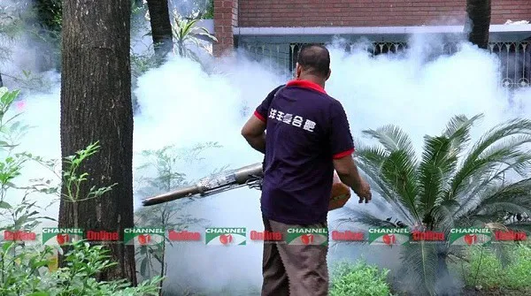 বৃক্ষের পাশে মশক নিধনের জন্য ধোঁয়া ছড়াচ্ছেন কর্মী. Channel i News - চ্যানেল আই নিউজ