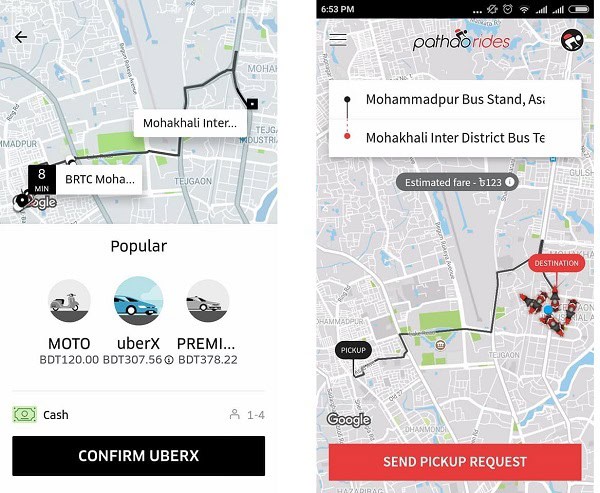 Pathao rides app showing route from Mohammadpur Bus Stand to Mohakhali Inter District Bus Terminal. Channel i News - চ্যানেল আই নিউজ