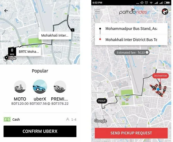 Pathao rides app showing route from Mohammadpur Bus Stand to Mohakhali Inter District Bus Terminal. Channel i News - চ্যানেল আই নিউজ