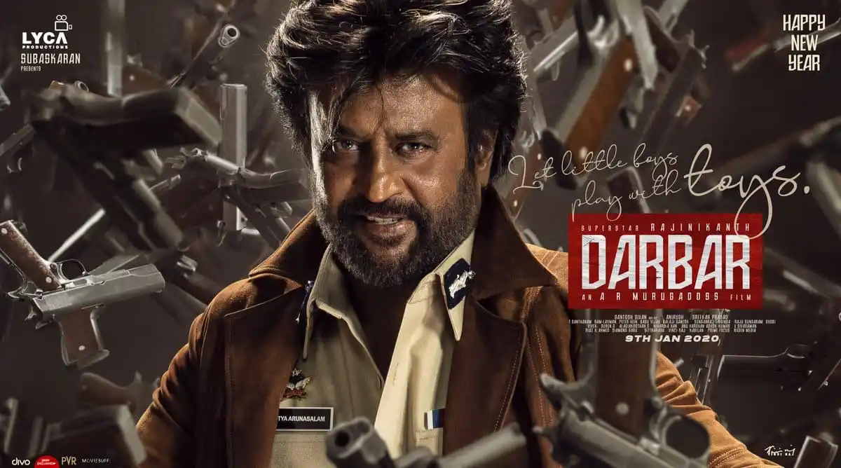 Rajinikanth in Darbar movie poster with guns and weapons. Channel i News - চ্যানেল আই নিউজ