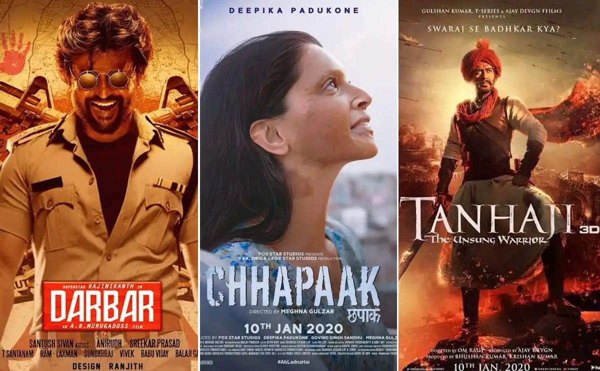 Three movie posters from Bengali and international films, including Darbar, Chhapaak, and Tanhaji. Channel i News - চ্যানেল আই নিউজ