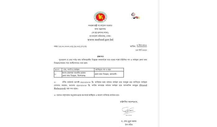 বাংলাদেশের খাদ্য কর্মকর্তাদের বদলি সংক্রান্ত অফিসিয়াল নোটিশ।. Channel i News - চ্যানেল আই নিউজ