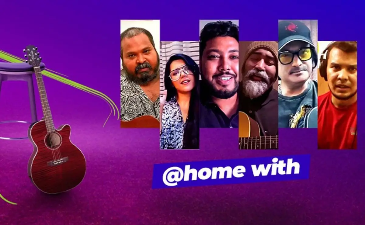 Diverse hosts and a guitar on a purple background. Channel i News - চ্যানেল আই নিউজ