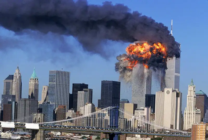 9/11 terrorist attack on New York City World Trade Center towers with fire and smoke. Channel i News - চ্যানেল আই নিউজ