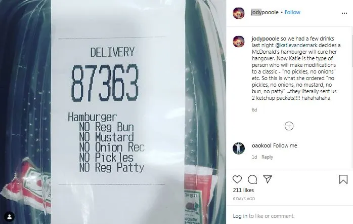 Delivery van with order details for burger and no pickles or mustard. Channel i News - চ্যানেল আই নিউজ
