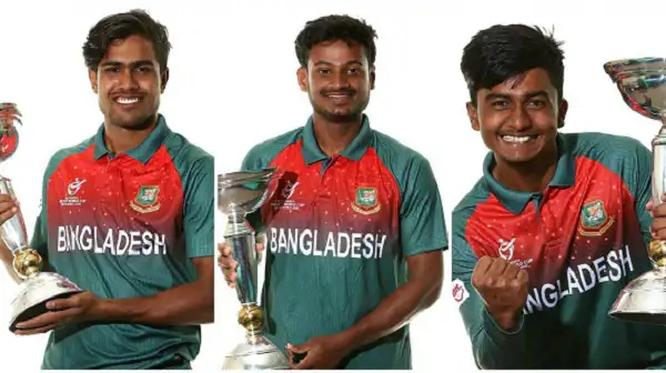 বাংলাদেশ ক্রিকেটাররা জার্সি পরে ট্রফি হাতে উল্লাস করছে. Channel i News - চ্যানেল আই নিউজ
