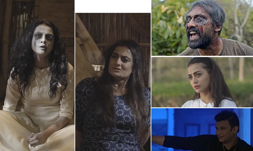 Three horror-themed characters from 'সুন্দরী' mini-series in different settings. Channel i News - চ্যানেল আই নিউজ