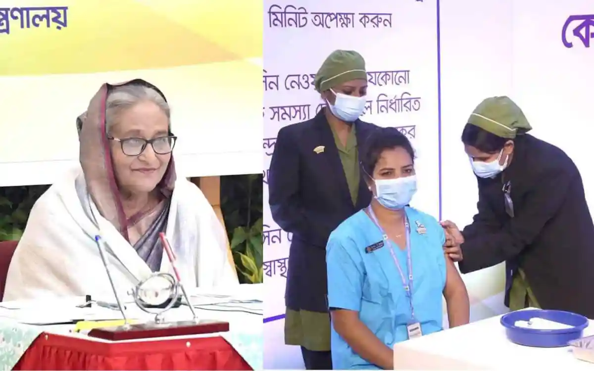 Bangladeshi woman receiving COVID-19 vaccine at a vaccination center. Channel i News - চ্যানেল আই নিউজ
