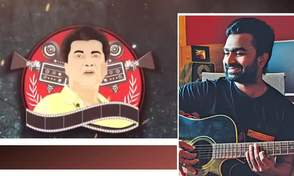 শিল্পী ইমরান গিটার বাজাচ্ছেন, মান্নার ছবি ব্যাকগ্রাউন্ডে. Channel i News - চ্যানেল আই নিউজ