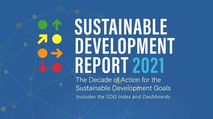 Sustainable Development Report 2021 cover with colorful arrows and network design. Channel i News - চ্যানেল আই নিউজ
