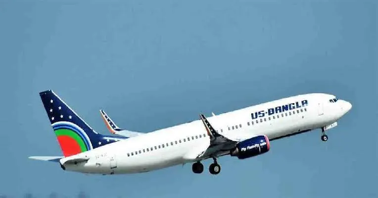 US-Bangla Airlines aircraft taking off into the sky. Channel i News - চ্যানেল আই নিউজ