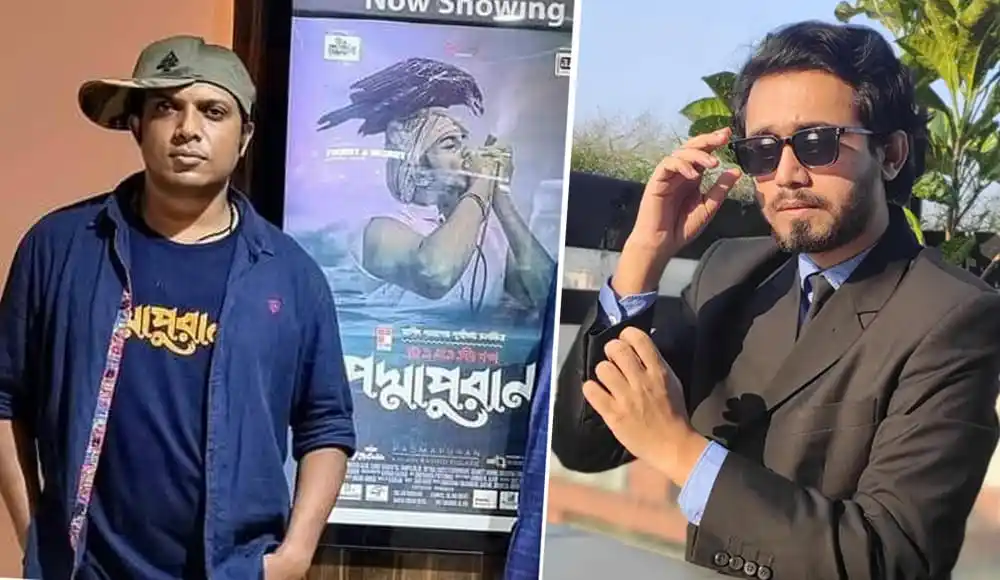 দুই ব্যক্তি ছবি, একজন সিনেমা পোস্টার সামনে, অন্যজন সানগ্লাসে. Channel i News - চ্যানেল আই নিউজ