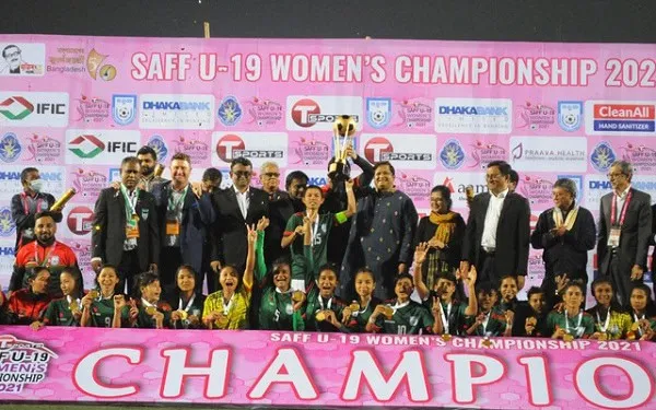Bangladeshi women’s football team celebrating victory at SAFF U-19 Championship 2021. Channel i News - চ্যানেল আই নিউজ