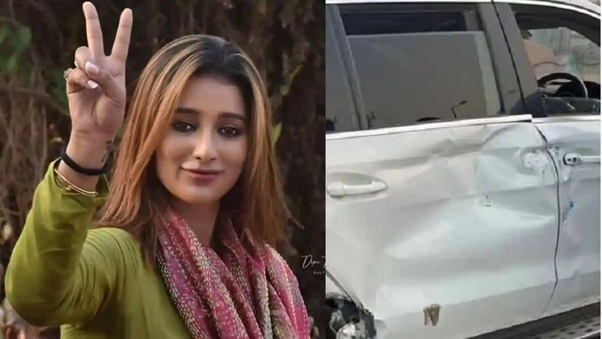 সড়ক দুর্ঘটনায় আহত সায়ন্তিকা, তার পাশে থাকা গাড়ির ক্ষতিগ্রস্ত অংশ. Channel i News - চ্যানেল আই নিউজ
