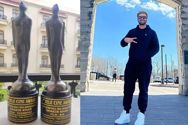 Two Tele Cine Awards trophies and a man posing outdoors in casual attire. Channel i News - চ্যানেল আই নিউজ