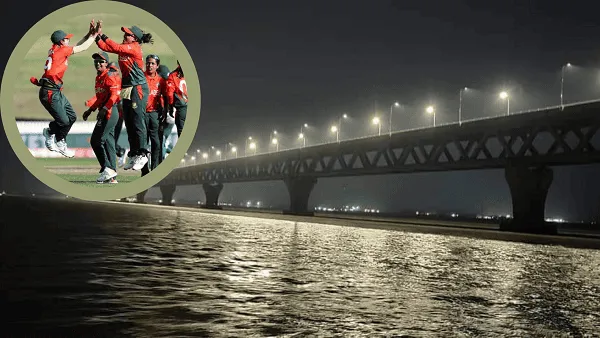 ক্রিকেট দল উচ্ছ্বাস করছে, নদীর পাশে ব্রিজের নিচে রাতের দৃশ্য. Channel i News - চ্যানেল আই নিউজ