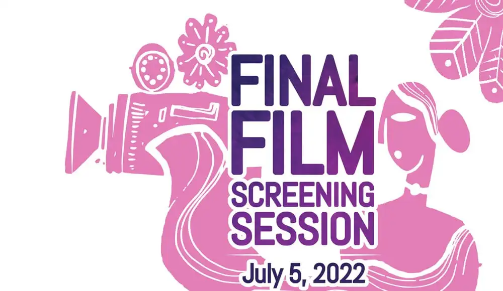 Final film screening session poster with camera and woman wearing headphones. Channel i News - চ্যানেল আই নিউজ