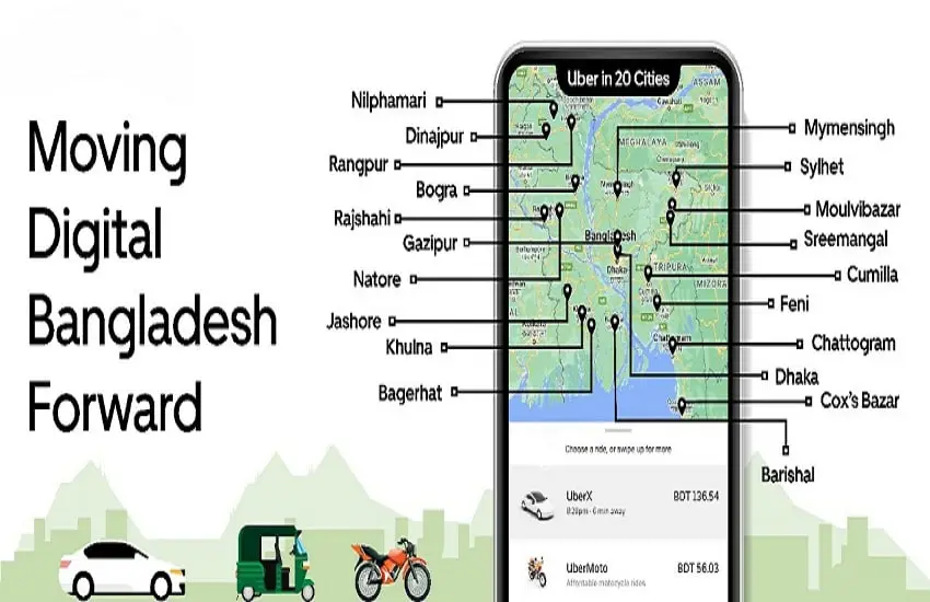 উবার এখন বাংলাদেশের ২০টি শহরে, মানচিত্রে শহরগুলোর তালিকা দেখানো. Channel i News - চ্যানেল আই নিউজ