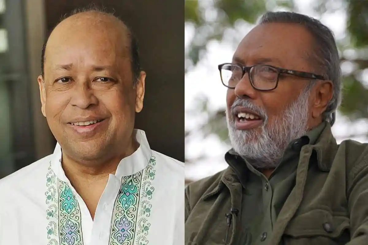 দুইজন পুরুষের ছবি, একজন হাসছেন, অন্যজন কথা বলছেন, বাইরের পরিবেশে. Channel i News - চ্যানেল আই নিউজ