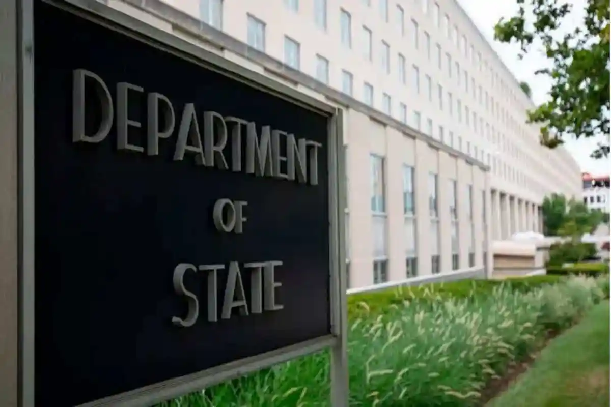 US Department of State building exterior with sign in focus. Channel i News - চ্যানেল আই নিউজ