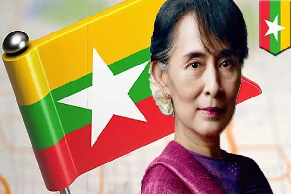 বিরোধী রাজনৈতিক নেত্রী চিত্র, পটভূমিতে মিয়ানমার পতাকা. Channel i News - চ্যানেল আই নিউজ