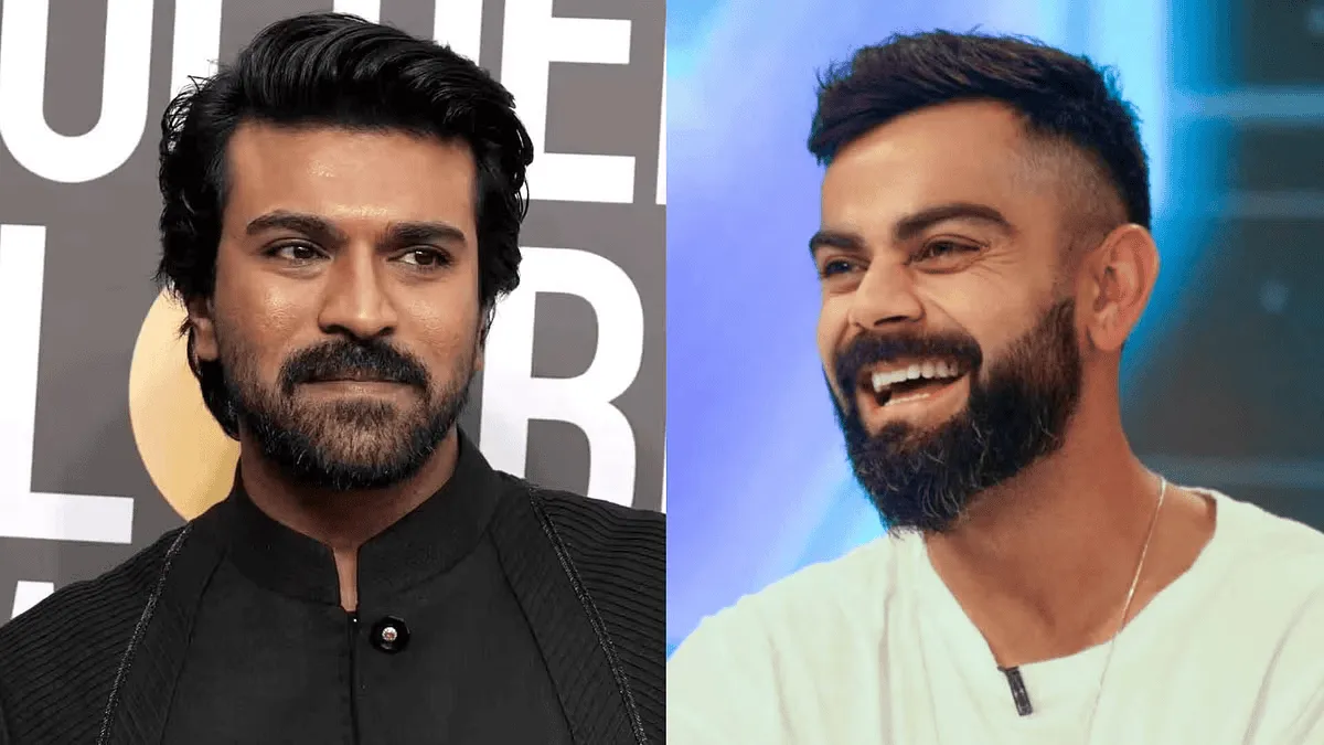 রাম চরণ ও বিরাট কোহলি একসঙ্গে হাসছেন, ছবি দুইজনের পোর্ট্রেট।. Channel i News - চ্যানেল আই নিউজ