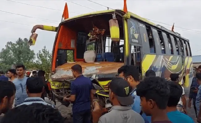 Bus and truck collision scene with crowd and damaged vehicle in Bangladesh. Channel i News - চ্যানেল আই নিউজ