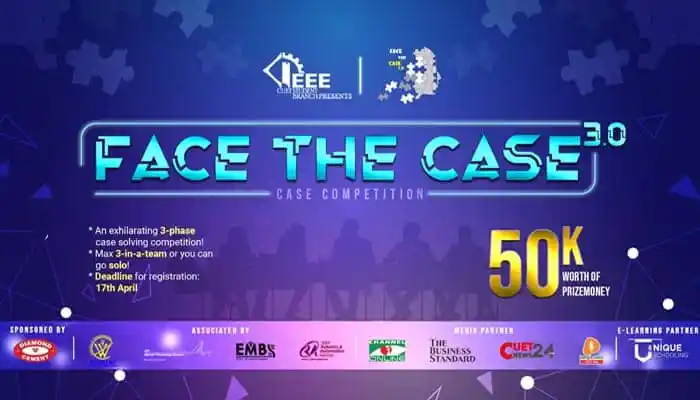 Face the Case 3.0 case competition poster with silhouettes and event details. Channel i News - চ্যানেল আই নিউজ