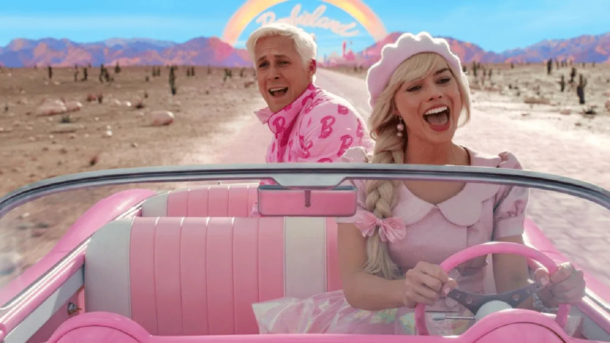 Barbie and Ken in a pink convertible in a desert landscape. Channel i News - চ্যানেল আই নিউজ