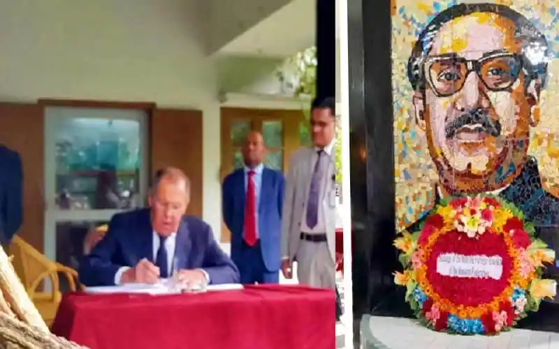 রুশ পররাষ্ট্রমন্ত্রী বঙ্গবন্ধুর প্রতিকৃতিতে শ্রদ্ধা নিবেদন করছেন. Channel i News - চ্যানেল আই নিউজ