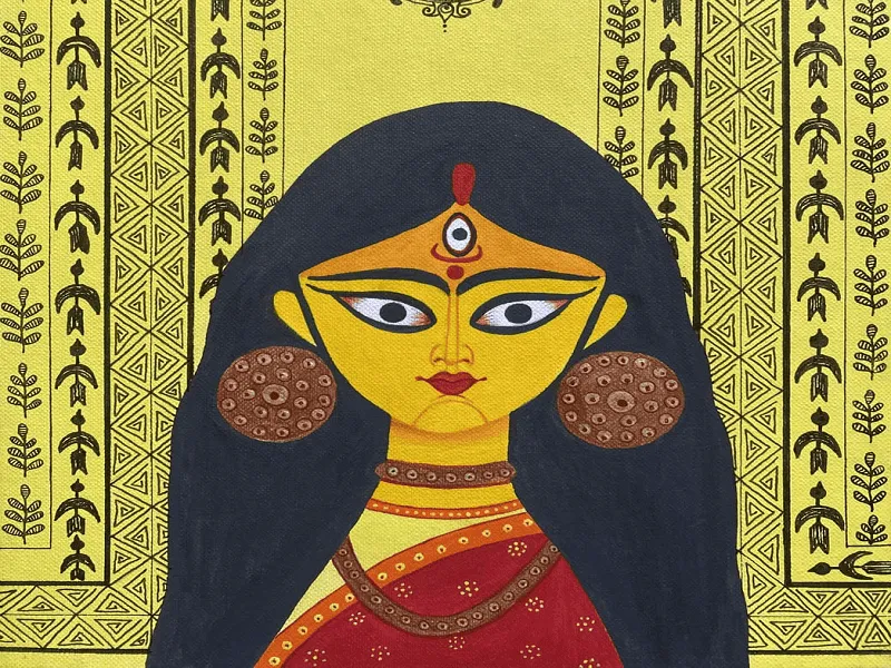 Colorful Bengali painting of Goddess Durga with intricate background design. Channel i News - চ্যানেল আই নিউজ