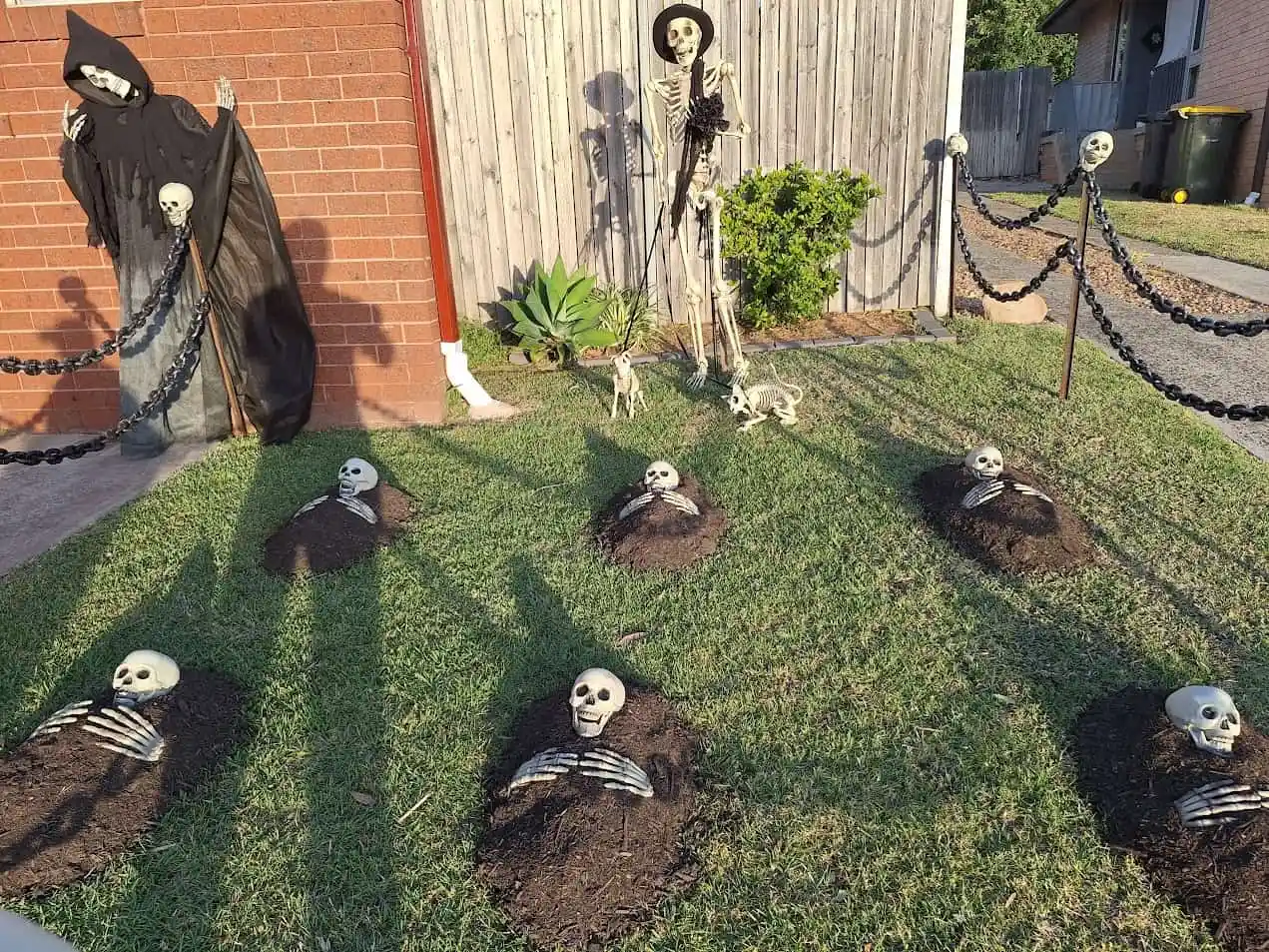 Halloween skeleton decorations in a yard with grass and plants. Channel i News - চ্যানেল আই নিউজ