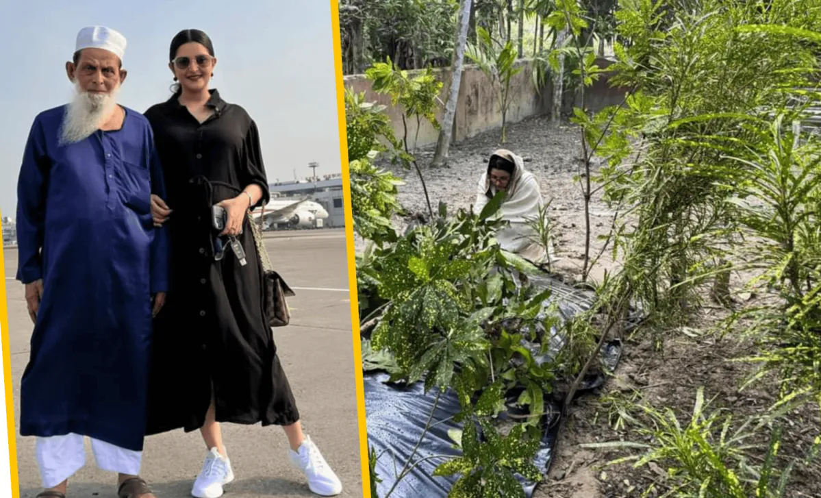 পরীমনি ও নানুভাই একসঙ্গে বাইরে ঘুরছেন, পাশে সবুজ গাছপালা ও আকাশ. Channel i News - চ্যানেল আই নিউজ