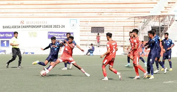 Bangladesh football match with players in action during championship league 2023-24. Channel i News - চ্যানেল আই নিউজ