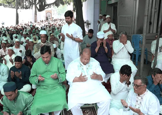 Bangladeshi Muslims pray during a religious gathering at Channel i Online. Channel i News - চ্যানেল আই নিউজ
