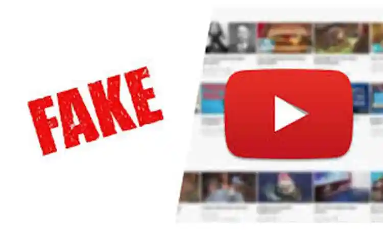 Fake YouTube logo with 'FAKE' text on a blurred background of video thumbnails. Channel i News - চ্যানেল আই নিউজ