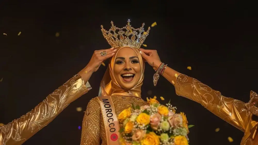 মুকুট পরা এআই সুন্দরী প্রতিযোগীর ছবি, বাংলাদেশি সংবাদ পোর্টাল চ্যানেল আই অনলাইনের জন্য. Channel i News - চ্যানেল আই নিউজ