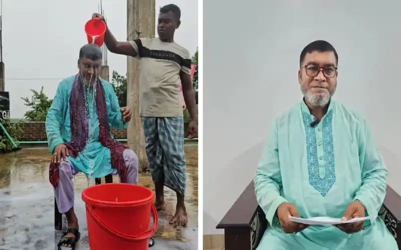 একজন ব্যক্তি দুধ দিয়ে গোসল করছেন, অন্যজন দাঁড়িয়ে আছেন. Channel i News - চ্যানেল আই নিউজ