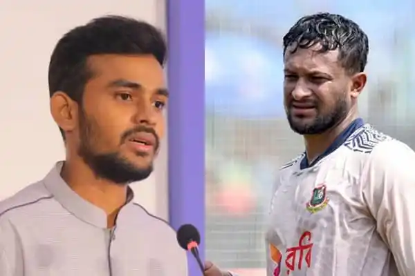 Bangladeshi cricket player speaking during a match or interview. Channel i News - চ্যানেল আই নিউজ