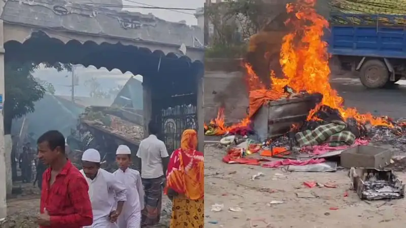 গাজীপুরে মাজার ভাঙচুরের ঘটনায় ধ্বংসাবশেষ ও আগুনে পুড়ে যাওয়া বস্তু. Channel i News - চ্যানেল আই নিউজ