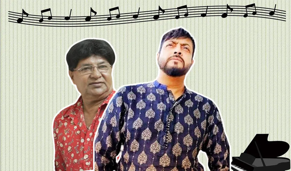 দুটি পুরুষ শিল্পী সঙ্গীত পরিবেশনা করছেন, পেছনে সঙ্গীতের নোটের ব্যাকগ্রাউন্ড. Channel i News - চ্যানেল আই নিউজ