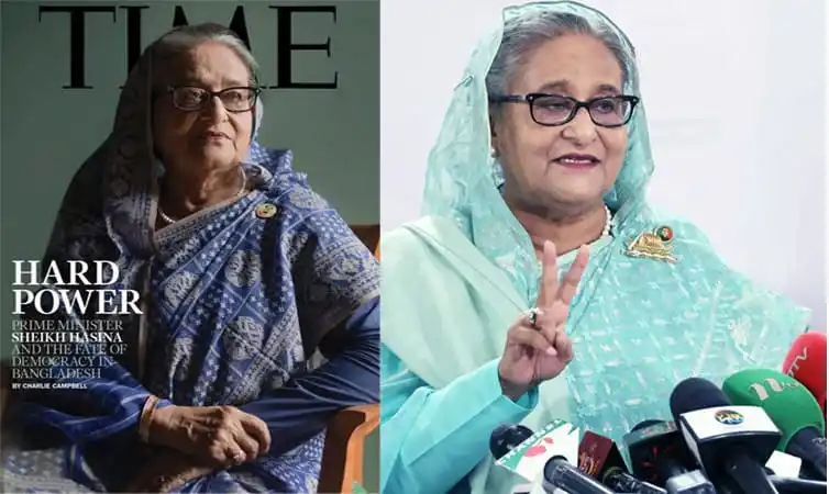 শেখ হাসিনা সাংবাদিকদের প্রশ্নের উত্তর দিচ্ছেন, বিভিন্ন মিডিয়ার ক্যামেরা ও মাইক্রোফোনের সামনে।. Channel i News - চ্যানেল আই নিউজ