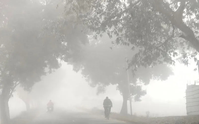 ঘন কুয়াশায় ঢাকা পথ, দূরে মানুষ ও গাড়ি চলাচল করছে. Channel i News - চ্যানেল আই নিউজ