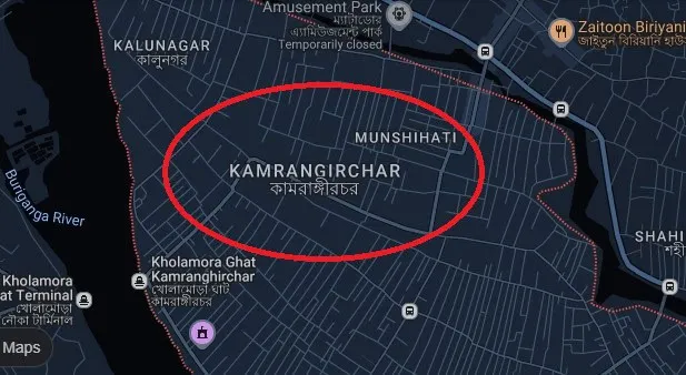 Map of Kamrangirchar area in Dhaka, Bangladesh with highlighted region. Channel i News - চ্যানেল আই নিউজ