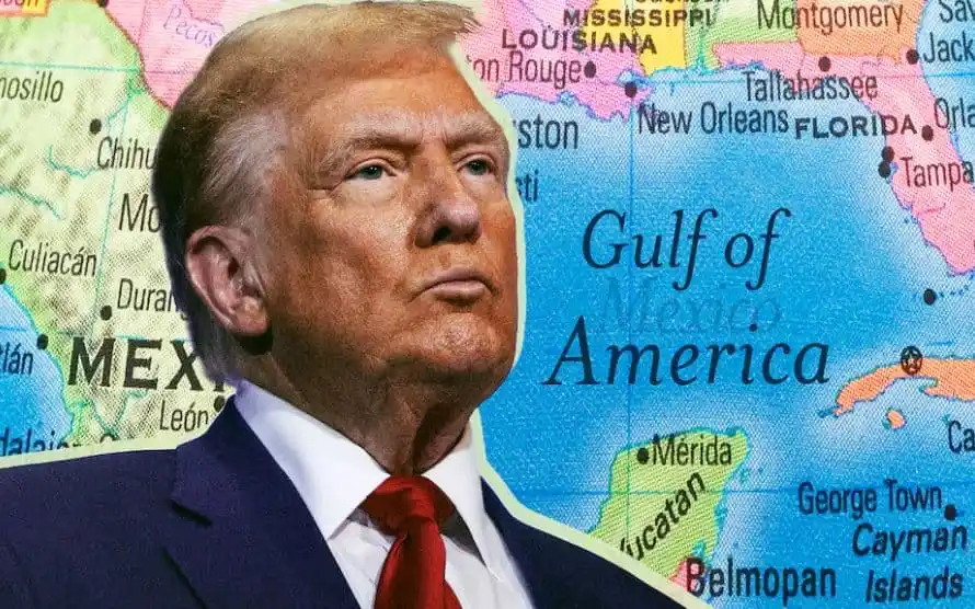 Donald Trump with a map of the Gulf of America in the background. Channel i News - চ্যানেল আই নিউজ