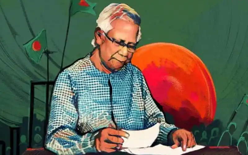 অধ্যাপক মুহাম্মদ ইউনূসের ছবি, তিনি একটি খোলা চিঠি পড়ছেন. Channel i News - চ্যানেল আই নিউজ
