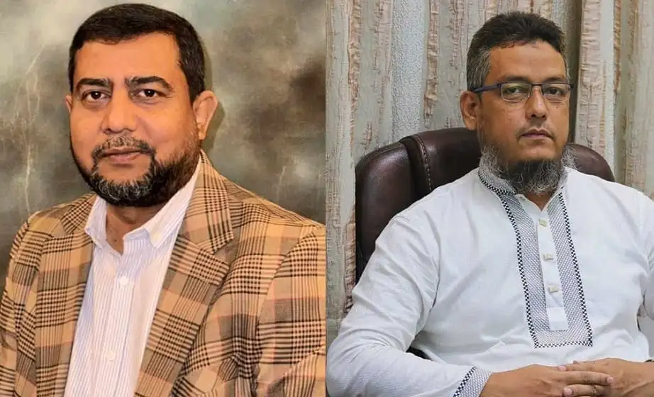দুই ব্যক্তির ছবি, একজন পেশাদার পোশাক পরিহিত, অন্যজন অফিসে বসে. Channel i News - চ্যানেল আই নিউজ