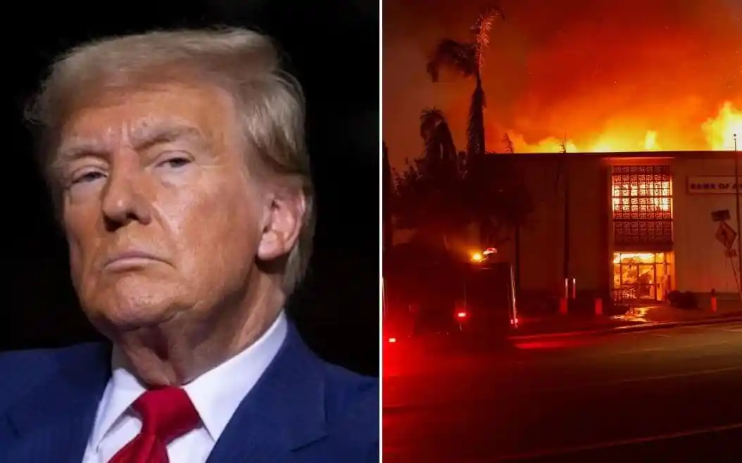 Donald Trump with a serious expression next to a large fire at night. Channel i News - চ্যানেল আই নিউজ