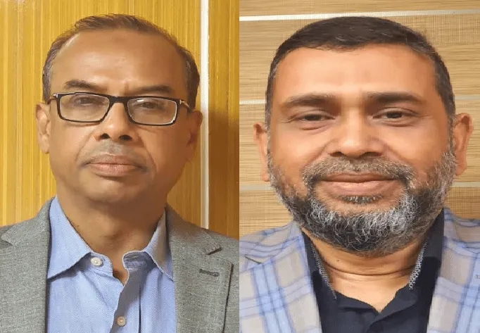 দুইজন পুরুষের ছবি, একজন সাদা পোশাক পরিহিত, অন্যজন চেক শার্টে. Channel i News - চ্যানেল আই নিউজ